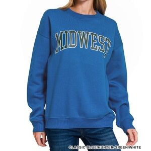 ZENANA BLUE Midwest" Printed Fleece Round Neck Sweatshirts Size S M & L NWT LEFT